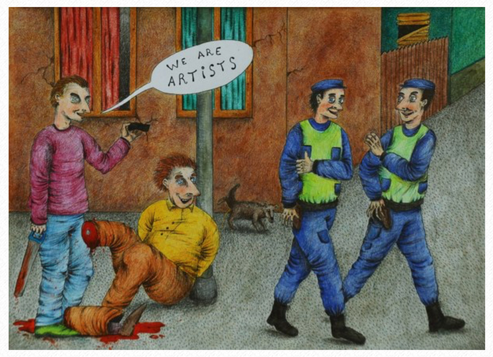 Алексей Гордин «Мы художники" (1–2)»*, 2014, акрил, цветные карандаши, ручка, бумага, 30×20 см